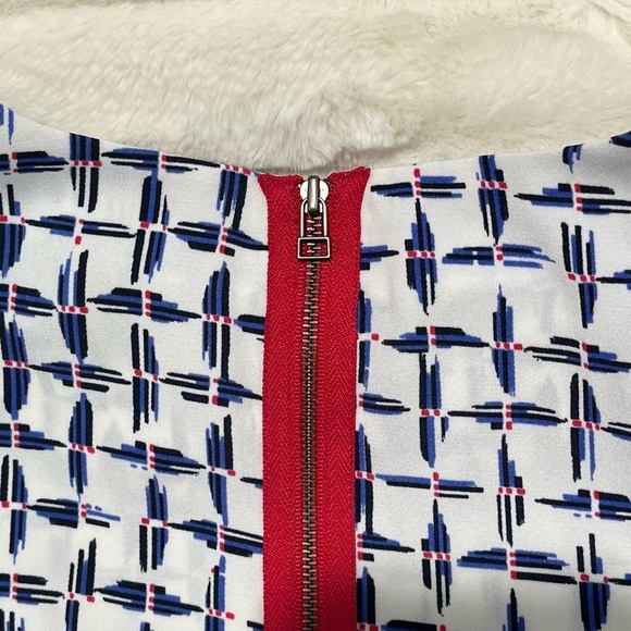 EUC $49 Halogen Medium White Blue Criss Cross Pattern Crop Short Sleeve Blouse - Picture 4 of 8